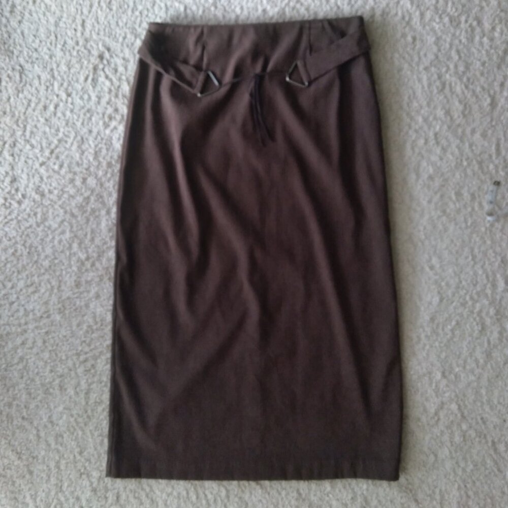 Vintage Y2K First Option Dark Brown Maxi Skirt with Slit and Belt Detail